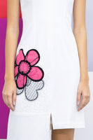 Avery straight cut crepe dress- white with pink appliqué
