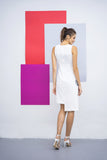 Avery straight cut crepe dress- white with pink appliqué
