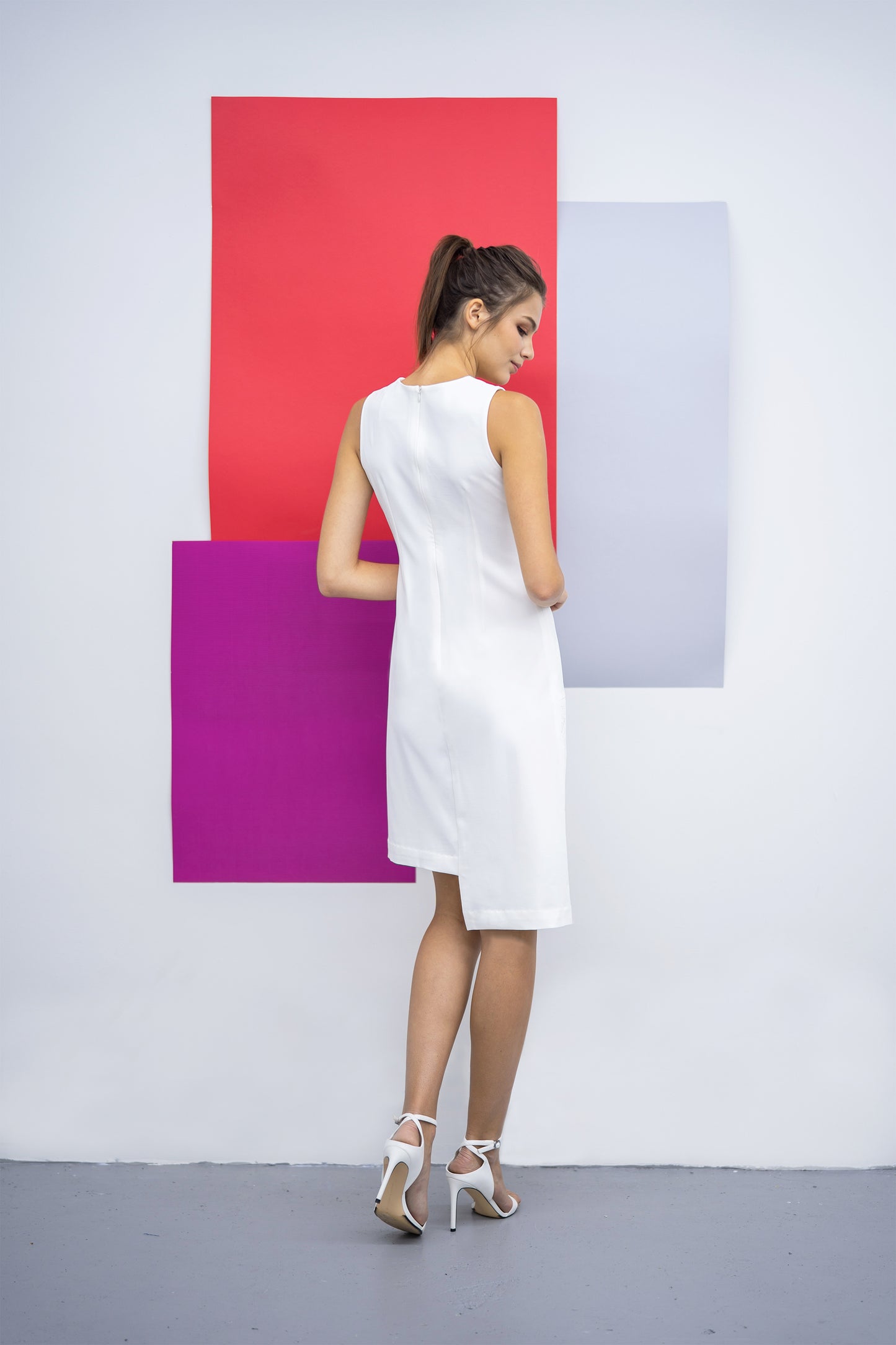 Avery straight cut crepe dress in white