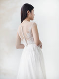 Cap sleeve tulle gown with pearl buttons