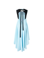 Brie open back flare dress with asymmetrical hem in sky blue
