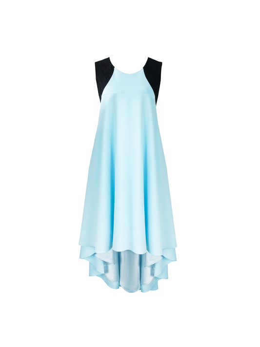 Brie open back flare dress with asymmetrical hem in sky blue