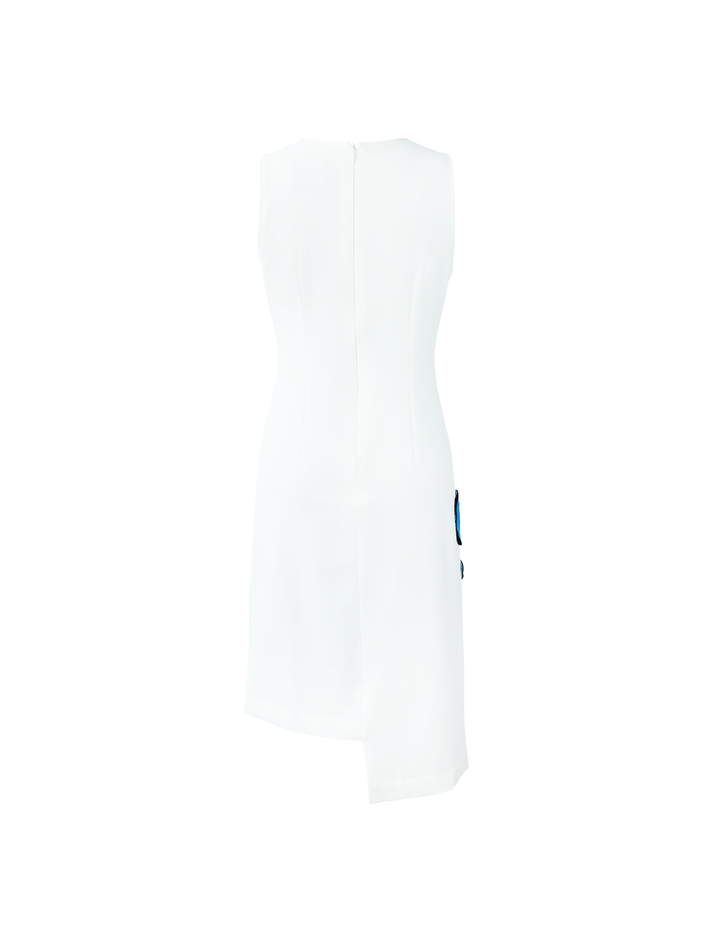Avery straight cut crepe dress- white with blue appliqué
